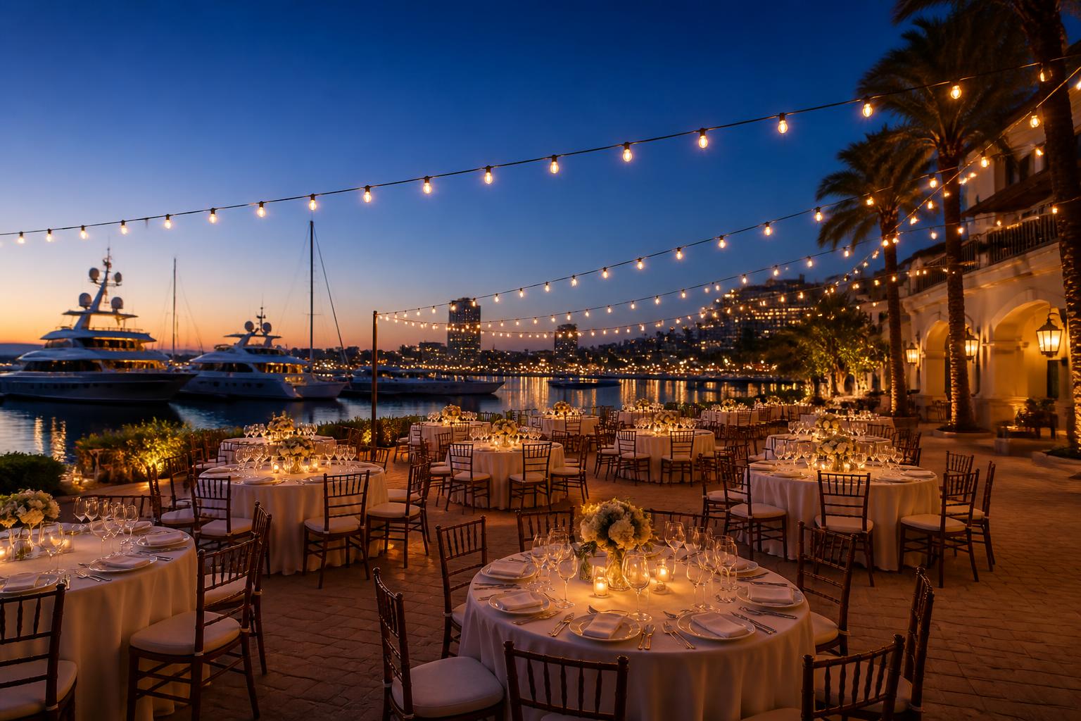 Waterfront gala tables under string lights at dusk beside docked yachts